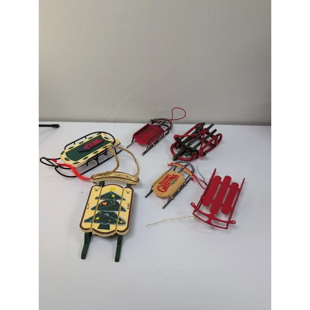 Vintage Christmas Wooden Metal Sled Tree Ornament Lot Of 6